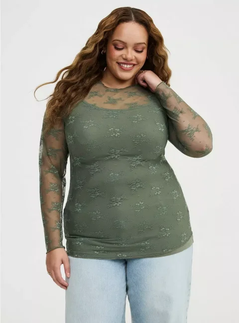 Torrid Sheer Lace Long Sleeve Crew Top Plus Size | Xsoot