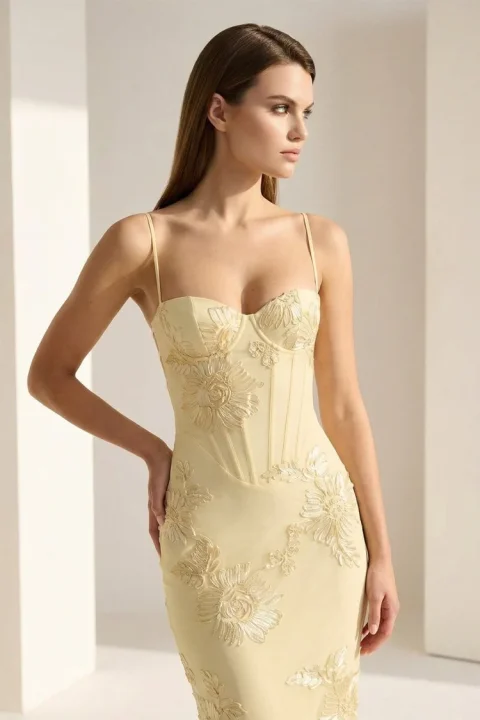 Buy Yellow Floral Sheath Prom Dress | Elegant Spaghetti Strap