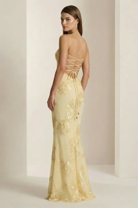 Buy Yellow Floral Sheath Prom Dress | Elegant Spaghetti Strap