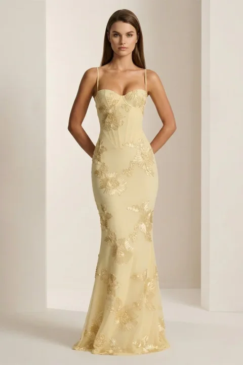 Buy Yellow Floral Sheath Prom Dress | Elegant Spaghetti Strap
