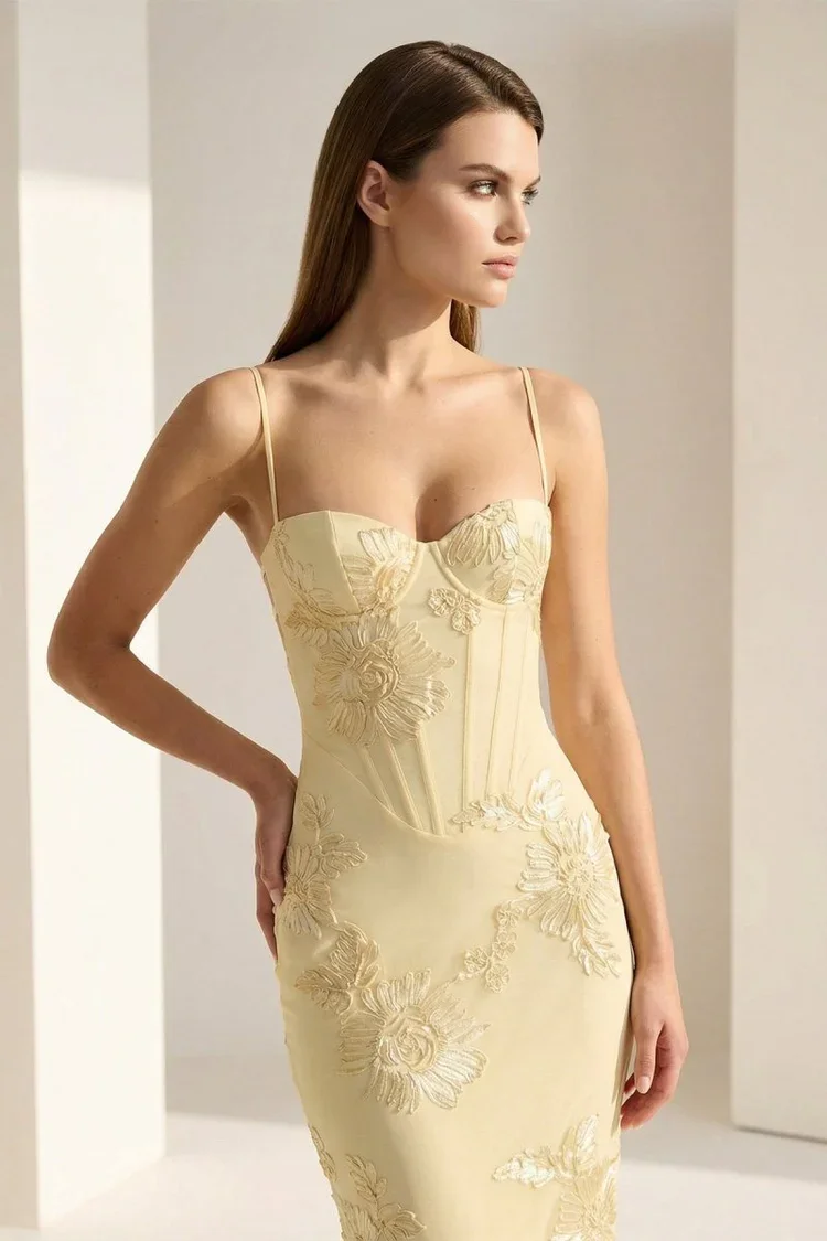 Buy Yellow Floral Sheath Prom Dress | Elegant Spaghetti Strap