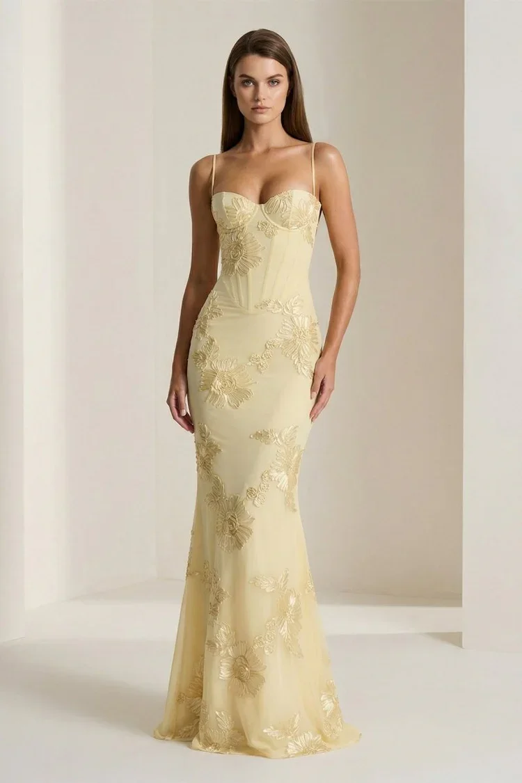 Buy Yellow Floral Sheath Prom Dress | Elegant Spaghetti Strap