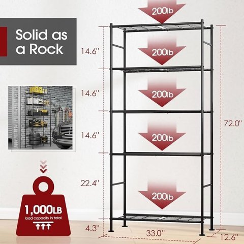 Sakugi 5 Tier Heavy Duty Storage Shelves | Metal Garage Shelving Unit for Pantry Kitchen Closet and Home Organization