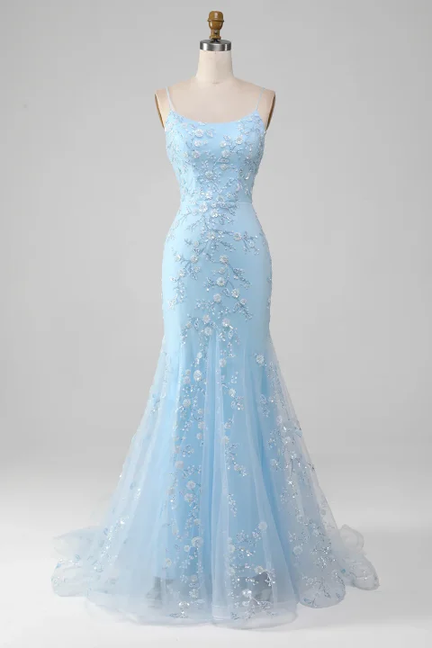 Buy Light Blue Beaded Mermaid Prom Dress - Lace-Up Back