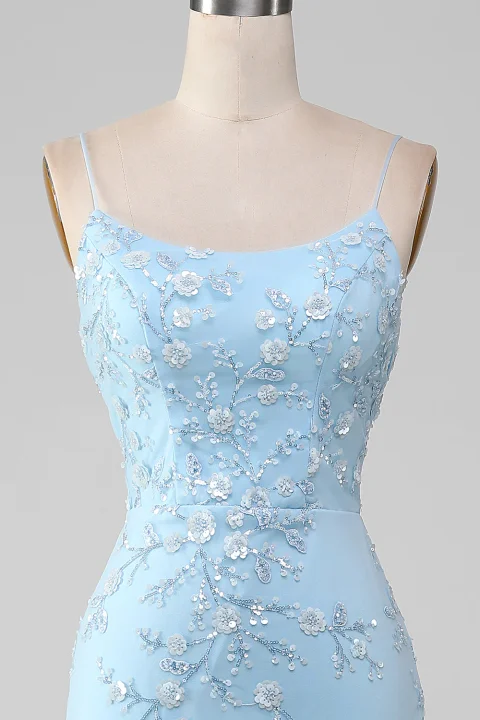 Buy Light Blue Beaded Mermaid Prom Dress - Lace-Up Back