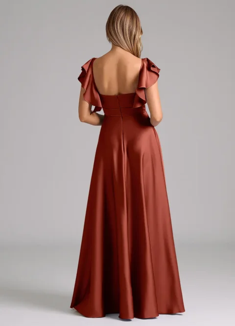 Abito Midi A-Line in Satin Stretch Ruché Terracotta per Donne