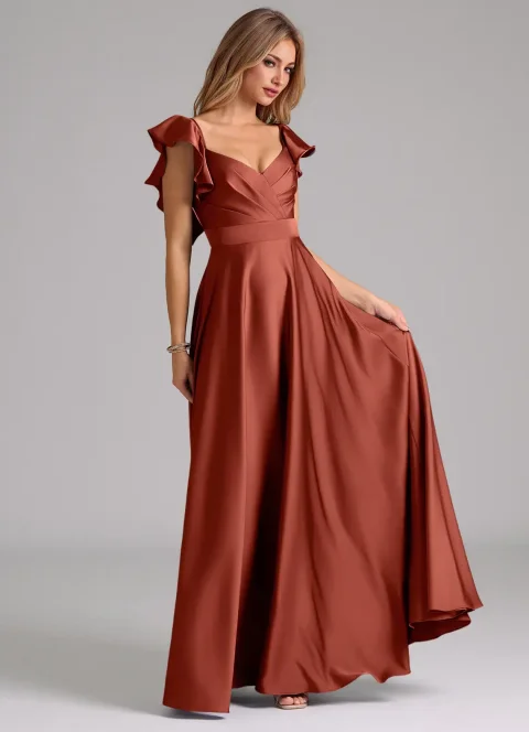 Abito Midi A-Line in Satin Stretch Ruché Terracotta per Donne