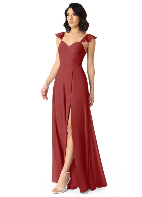 Abito Chiffon A-Line V-Neck Arricciato in Rame per Damigelle e Eventi Formali