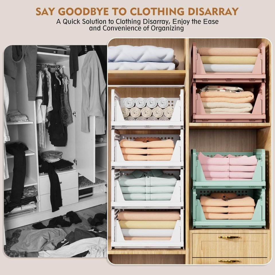 SNSLXH 5 Pack Stackable Closet Storage Baskets | Foldable Space Saving Closet Organizer for Clothes and Home Storage