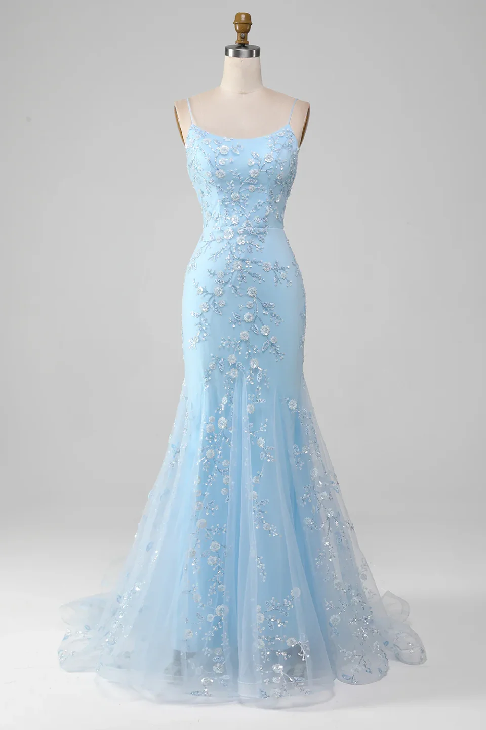 Buy Light Blue Beaded Mermaid Prom Dress - Lace-Up Back