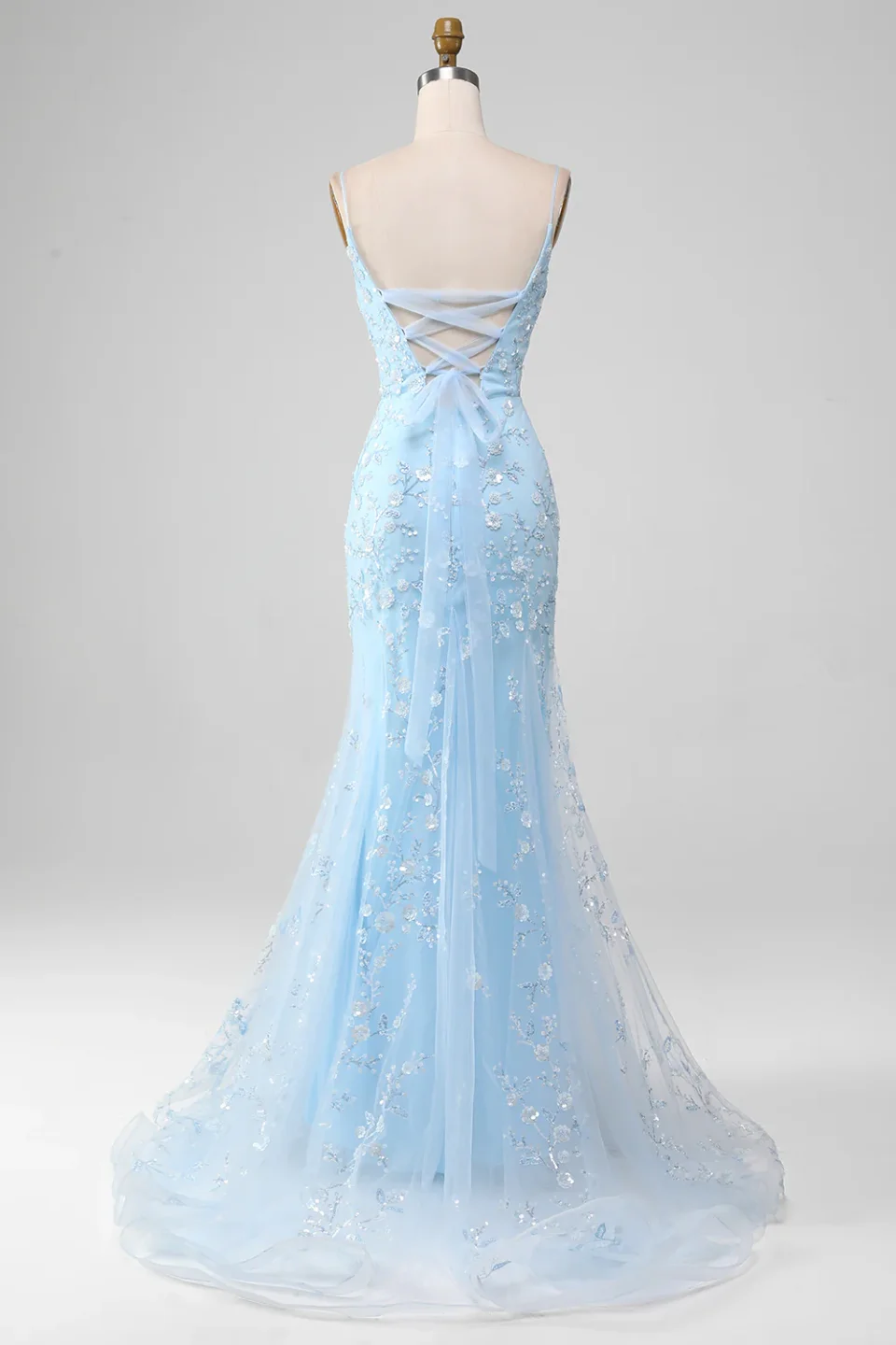 Buy Light Blue Beaded Mermaid Prom Dress - Lace-Up Back