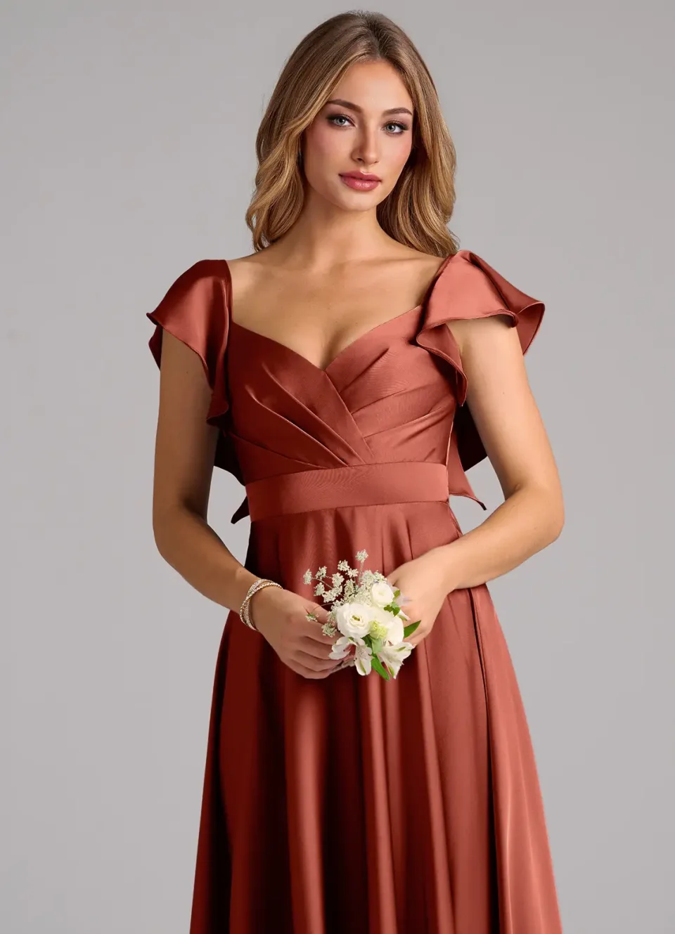 Abito Midi A-Line in Satin Stretch Ruché Terracotta per Donne
