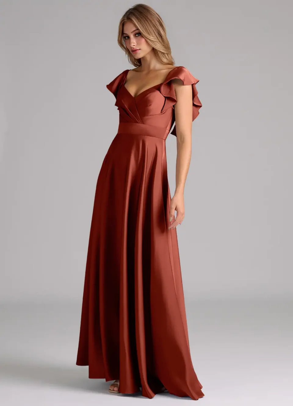 Abito Midi A-Line in Satin Stretch Ruché Terracotta per Donne