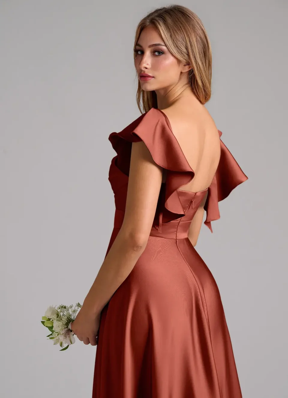 Abito Midi A-Line in Satin Stretch Ruché Terracotta per Donne