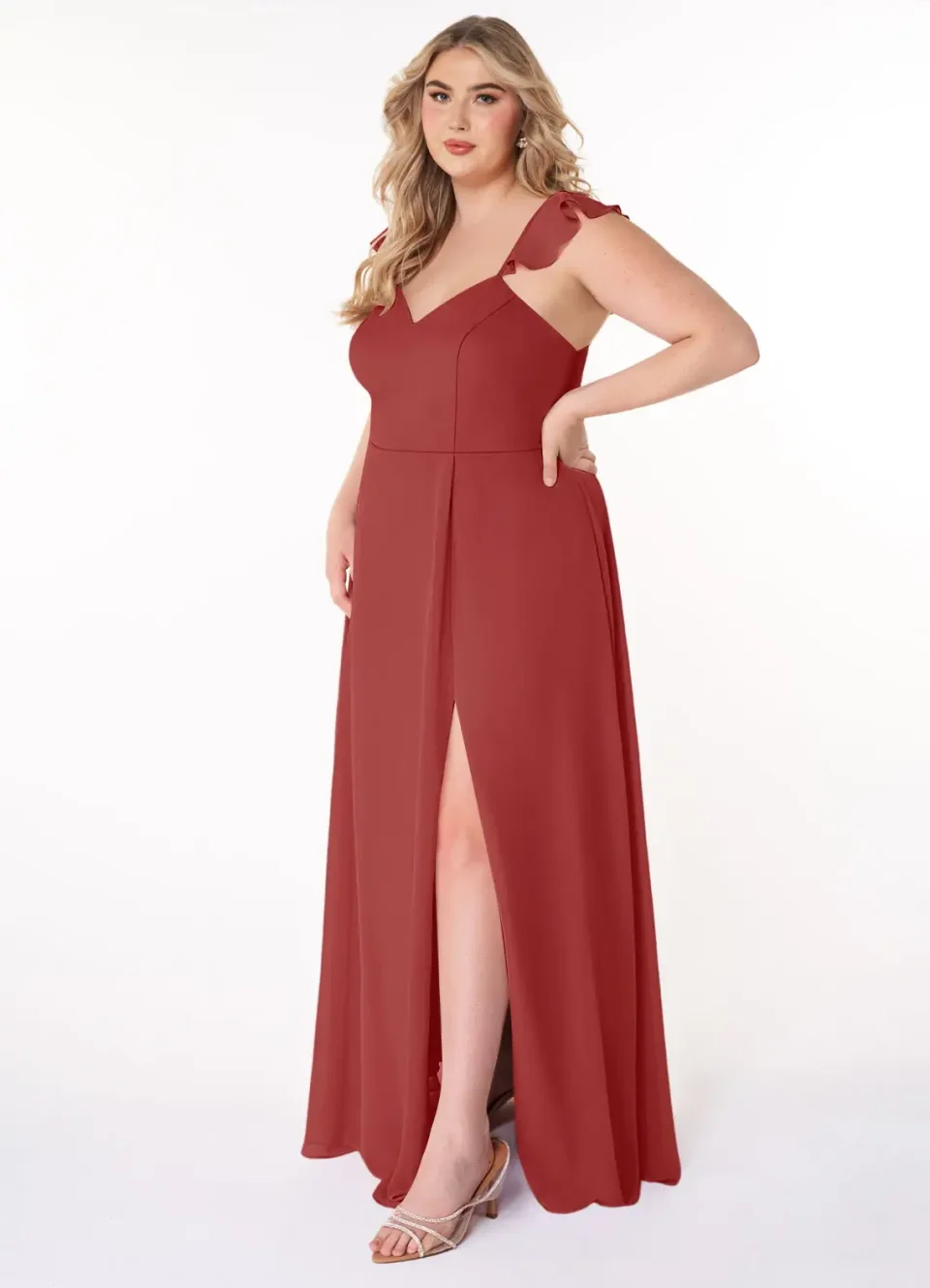 Abito Chiffon A-Line V-Neck Arricciato in Rame per Damigelle e Eventi Formali