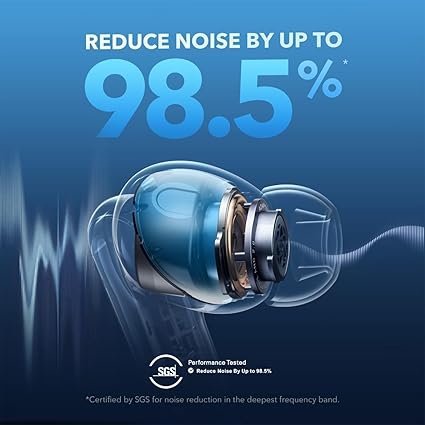 Soundcore by Anker Liberty 4 NC Wireless Noise Cancelling Earbuds, 98.5% Noise Reduction, Adaptive Noise Cancelling to Ears and Environment, Hi-Res Sound, 50H Battery, Wireless Charging (Renewed)