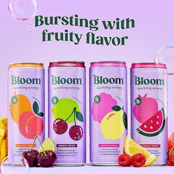 Bloom Nutrition Sparkling Energy Drink Variety Pack 12 Pack | Zero Sugar Natural Caffeine Energy Drink for Daily Focus