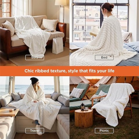 Cobertor de Lã de Fleece Branco GentleSoft para Sofá, Cama e Viagem