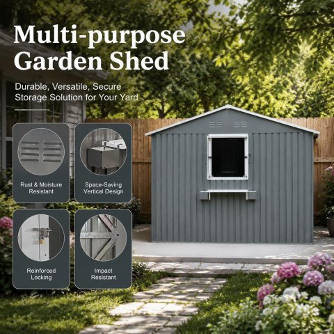 12x10 FT Outdoor Metal Storage Shed with 3 Clear Windows, Flower Rack & Lockable Door – Heavy-Duty Waterproof Tool Shed