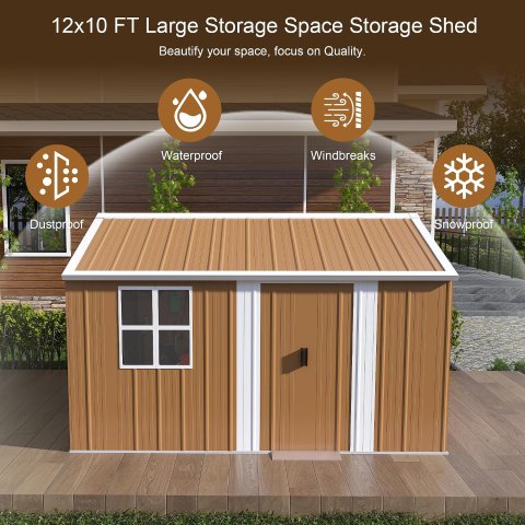 Premium 12 ft x 10 ft Metal Storage Shed with Windows, Flower Rack, and Lockable Door