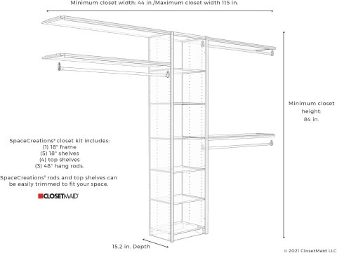 Kit de Organizador de Closet de Madera ClosetMaid SpaceCreations 44"–115" en Blanco Brillante